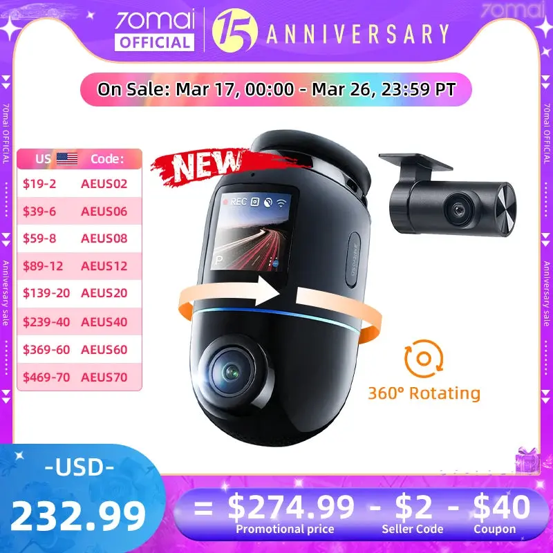 70Mai Dash Cam Omni X800 (Global Version) – 4K Hdr + 360° Rotating Dual-Channel 1